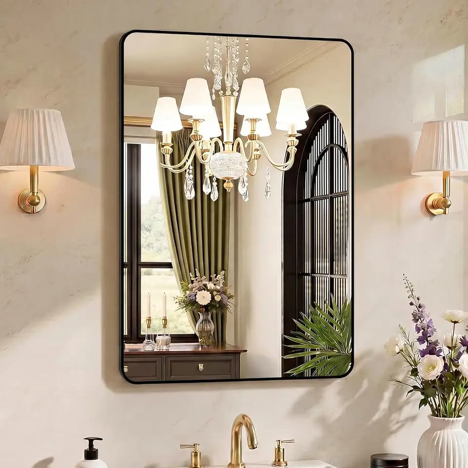 OLIXIS 38x26 Inch Bathroom Wall Mount Mirror with Rounded Rectangle, Black