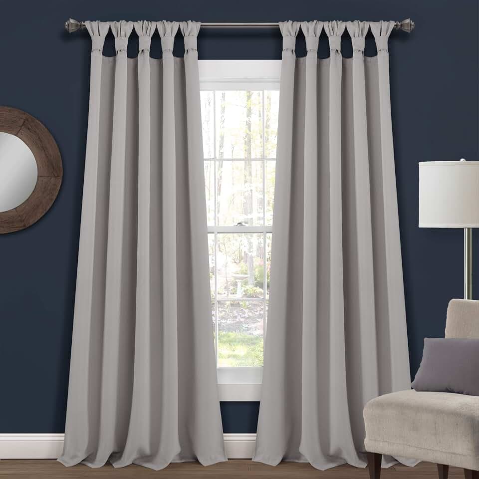 Lush Decor Insulated Knotted Tab Top Room Darkening Window Curtain Panels Pair 52"W x 95"L Light Gray - Living Room Curtains - Gray Bedroom Curtains