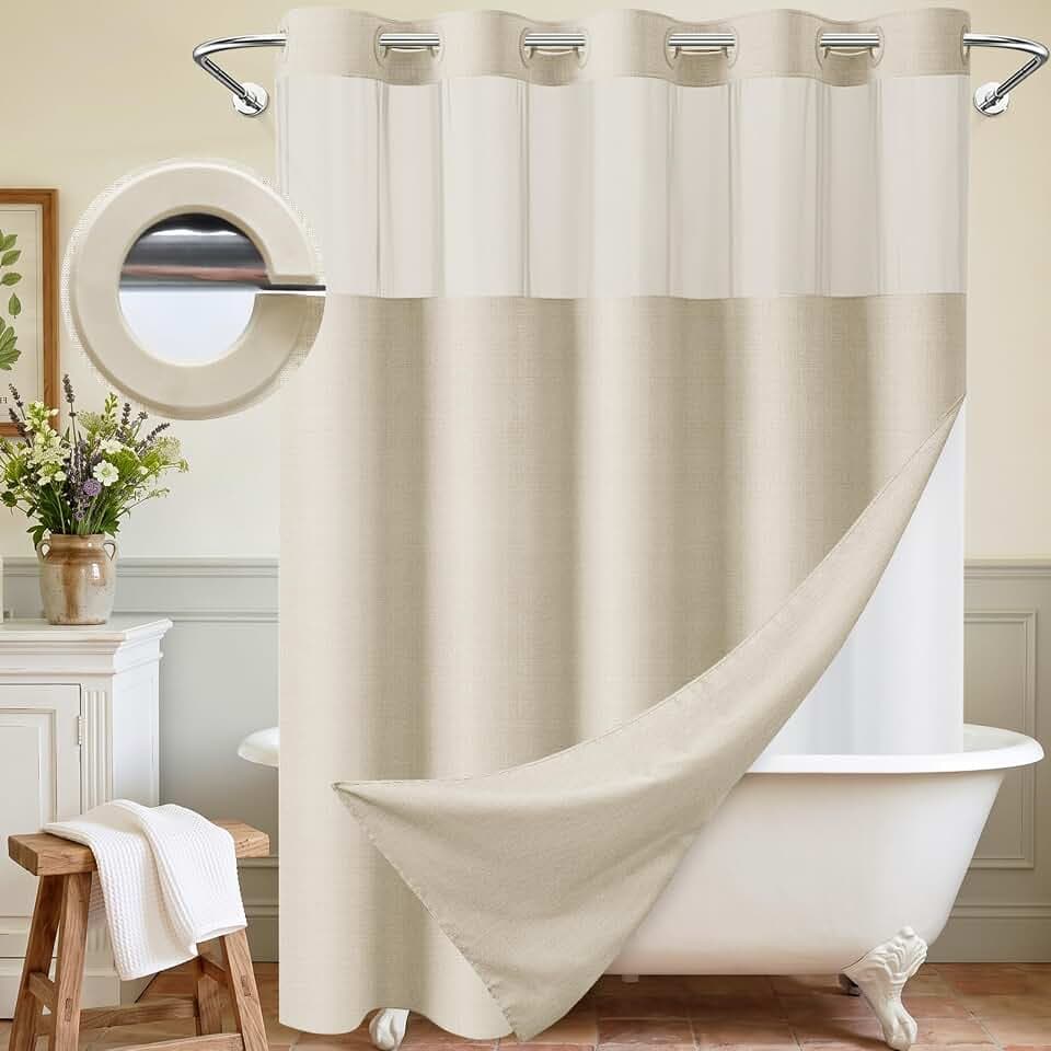 WONICY Hook-Free Shower Curtain with Snap-in Liner, Cream, 71 x 74