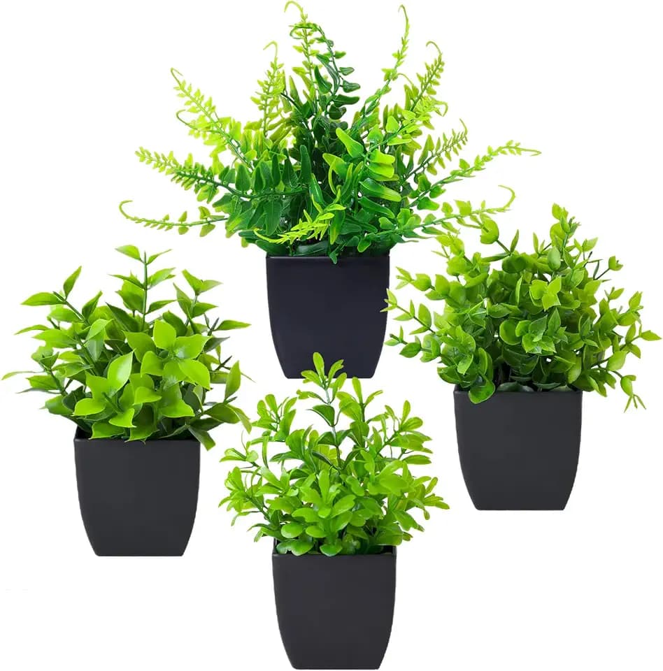 Grever 4 Pack Small Fake Plants in Blue Pot Mini Artificial Potted Plants for Home Bathroom Office Table Desk Shelf Indoor Decor