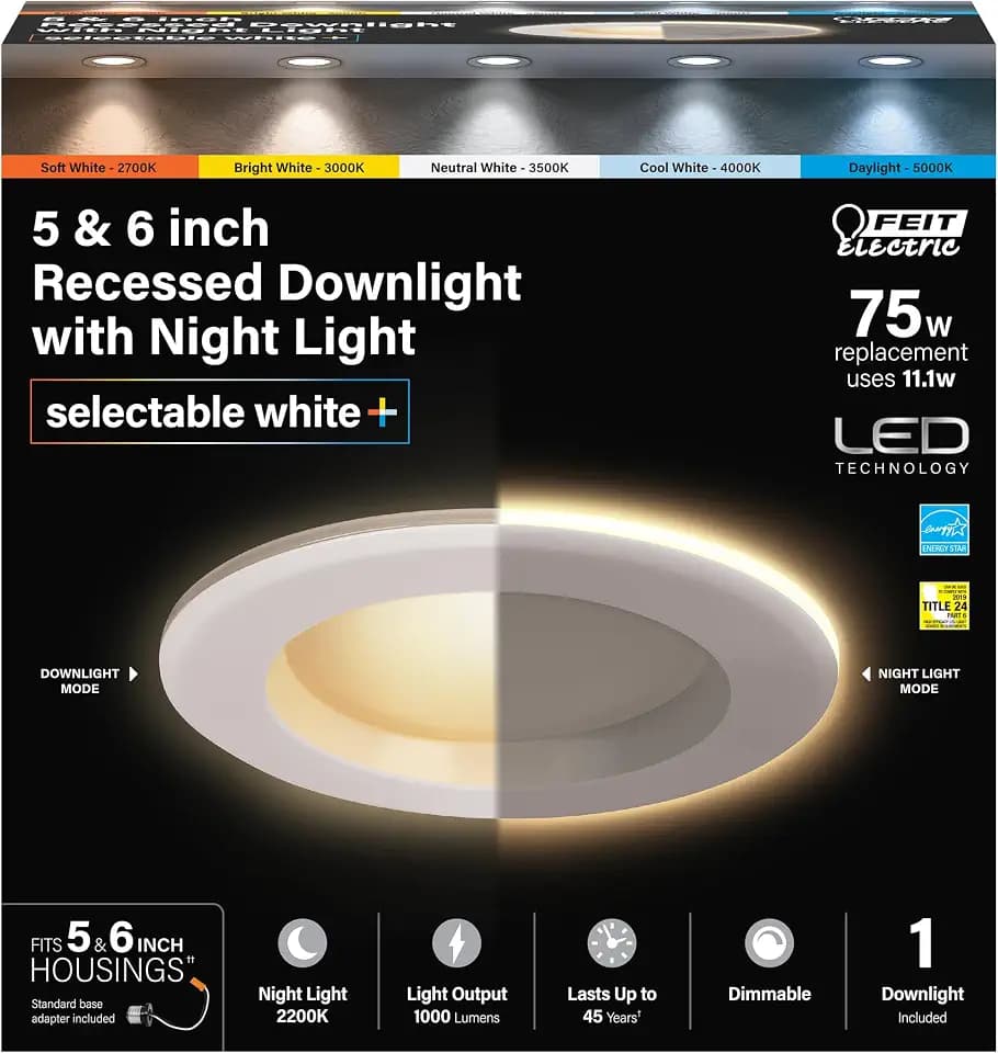 Feit Electric 5/6in LED Recessed Downlight with Night Light Mode, 75W Eq