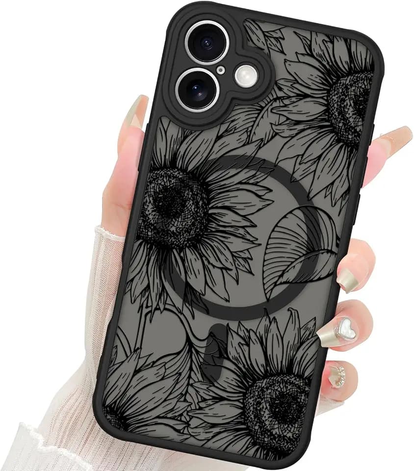 Fiyart Magnetic for iPhone 16 Plus Case Matte Flowers Design 6.7"-Black