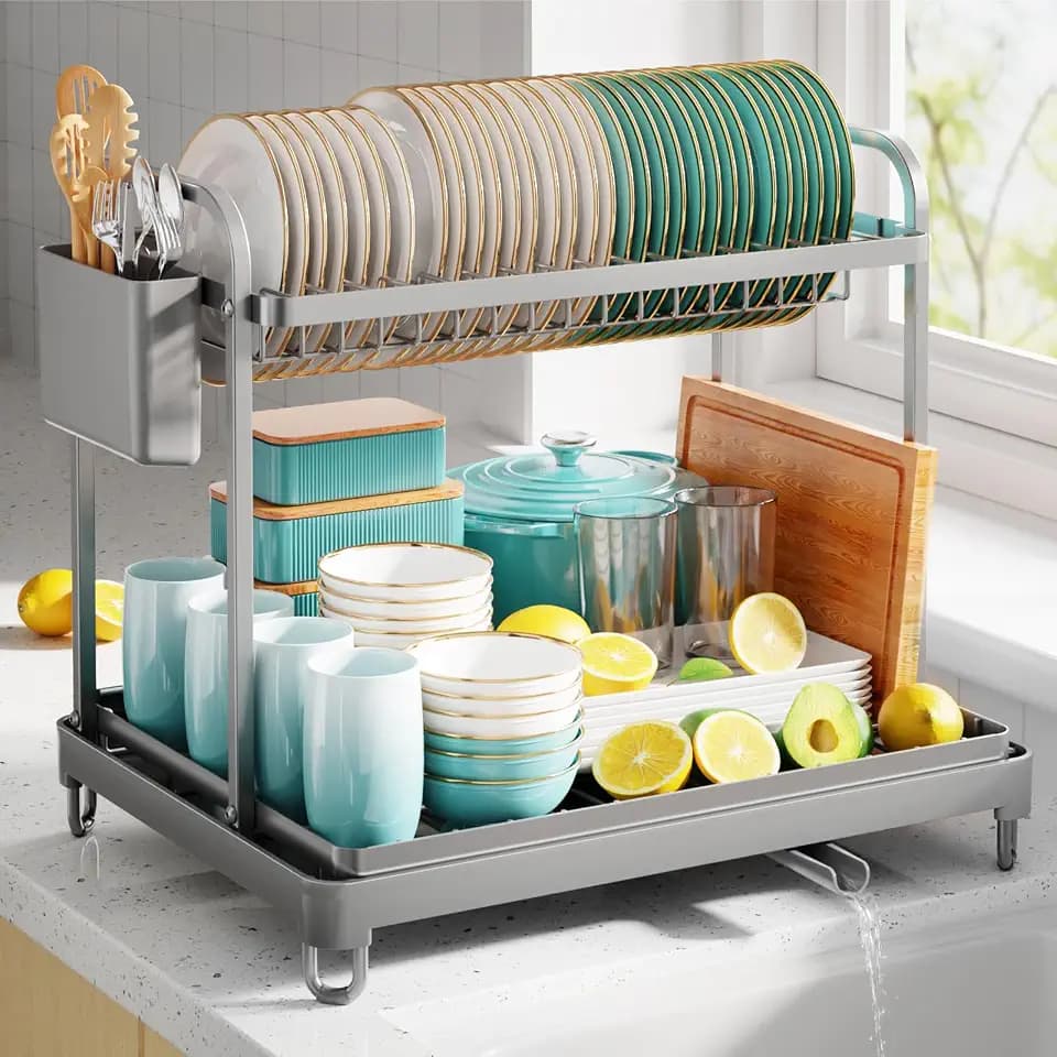 Sakugi Dish Drying Rack 2-Tier 15" x11.4" x15" Gray Double Rod