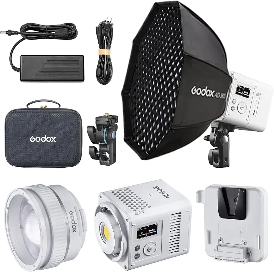 Godox ML150BI Bi-Color LED Video Light, 2800K-6500K 61054 Lux Video Lighting Kit, APP/DMX/NFC Addition Control, mit ML-Z Zoom Objektiv und V-Mount Batteriadapter ML-VMA + AD-S60S Softbox