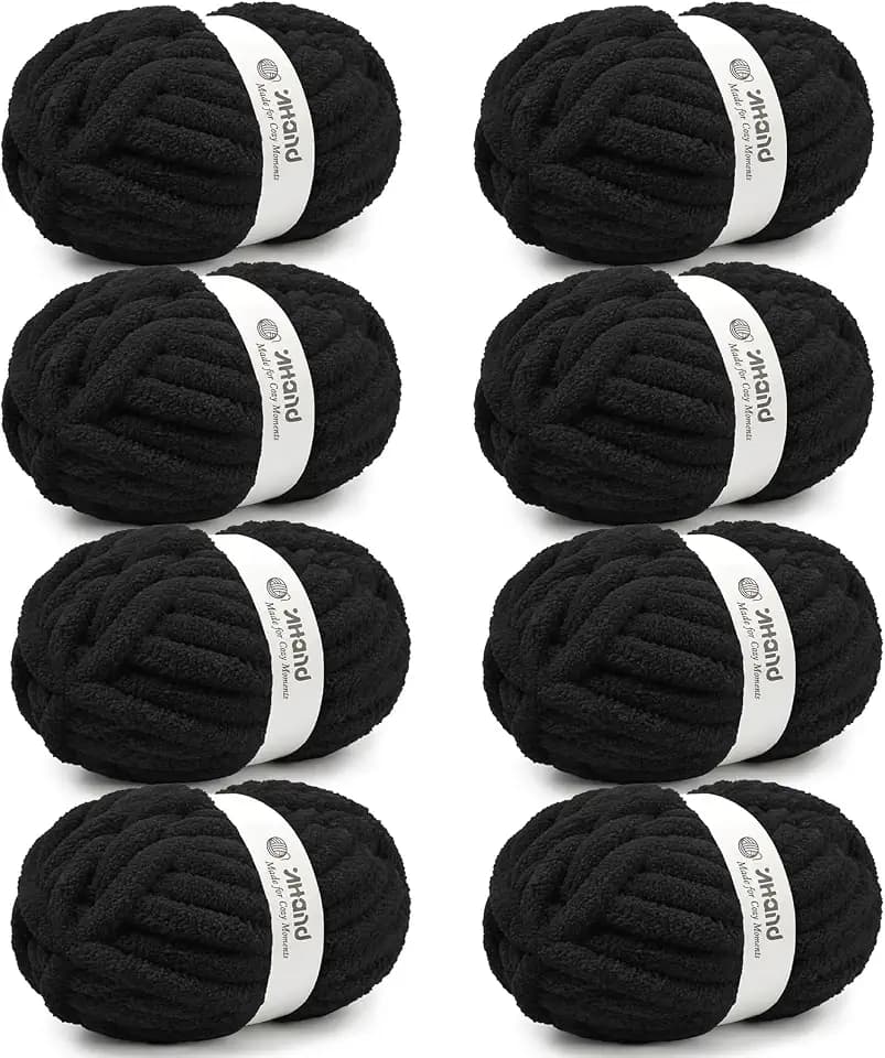 Inhand Chunky Chenille Yarn for Hand Knitting,Thick Bulky Blanket Yarn for Crocheting,Soft Fluffy Yarn for Crochet Birthday Gifts for Men/Women/Beginners,8 Pack (29.5Yds/8.4oz Each),Jet Black