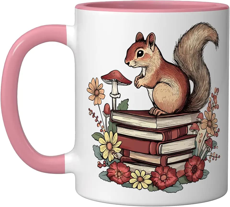 Cottagecore Squirrel with Books Ceramic Mug, Pink/White, 11oz