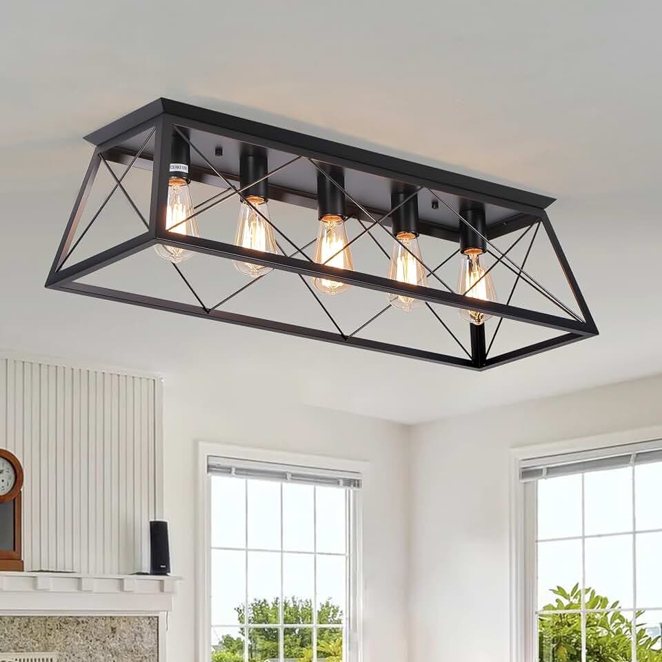 31.5" Black Flush Mount Ceiling Light Fixture, 5-Light Vintage Industrial Cage Chandelier for Dining Room, Kitchen Island, Living Room, Dimmable Large Semi Flush Mount Close to Ceiling Light
