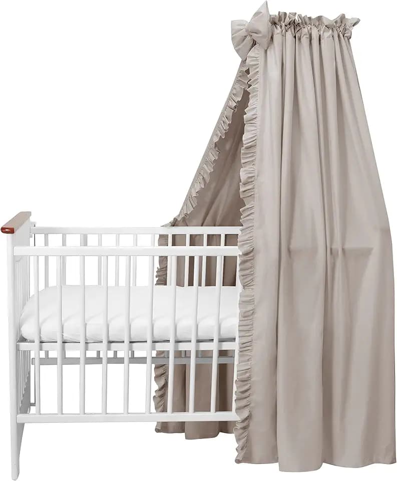balbina Baldachin 100% Baumwolle, Deko-Set für Kinderbett, Betthimmel mit Rüsche & Schleife, Moskitonetz für Babyzimmer, Undurchsichtiger Bettvorhang ohne Himmelstange, 240 x 165 cm, Hellbraun