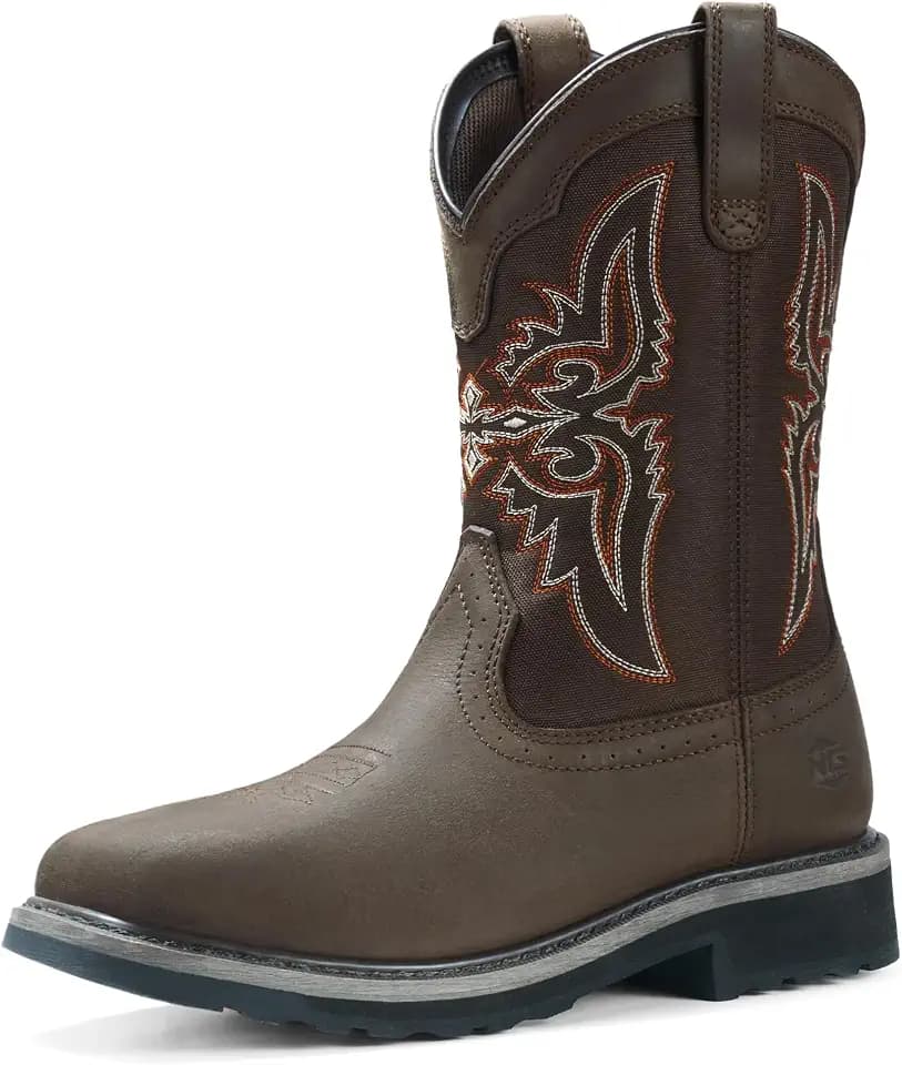 NINGO Steel Toe Boots for Men, Comfortable Square Toe Cowboy Work Boots