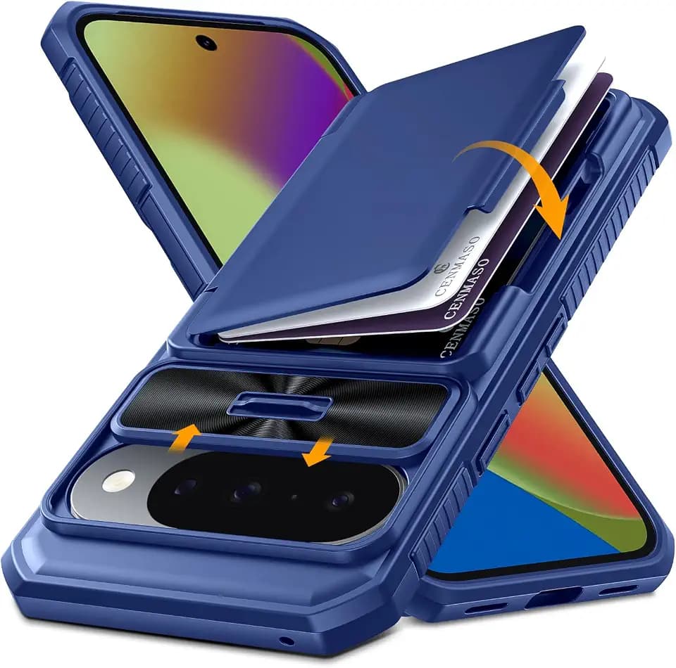 CENMASO for Google Pixel 10 Pro Case/Pixel 10 Case with Card Holder【RFID Blocking】& Sliding Camera Cover & Kickstand Full-Body Shockproof Wallet Phone Case for Pixel 10/10 Pro (Blue)