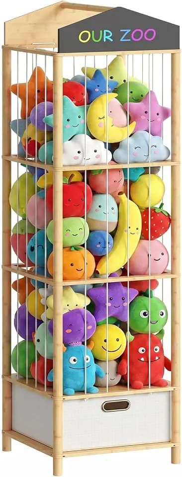 HOOBRO Stuffed Animal Storage, Bamboo Stuffed Animal Organizer with Fabric Drawer and DIY Chalkboard, Space Save Toy Organizer for Playroom, Living Room, Nursery, Natural and Beige YL66CW01