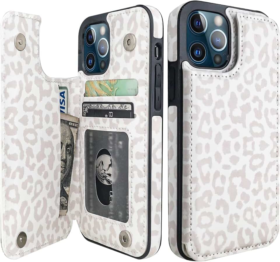 HAOPINSH Wallet Case with Card Holder for iPhone 12/12 Pro, White Leopard