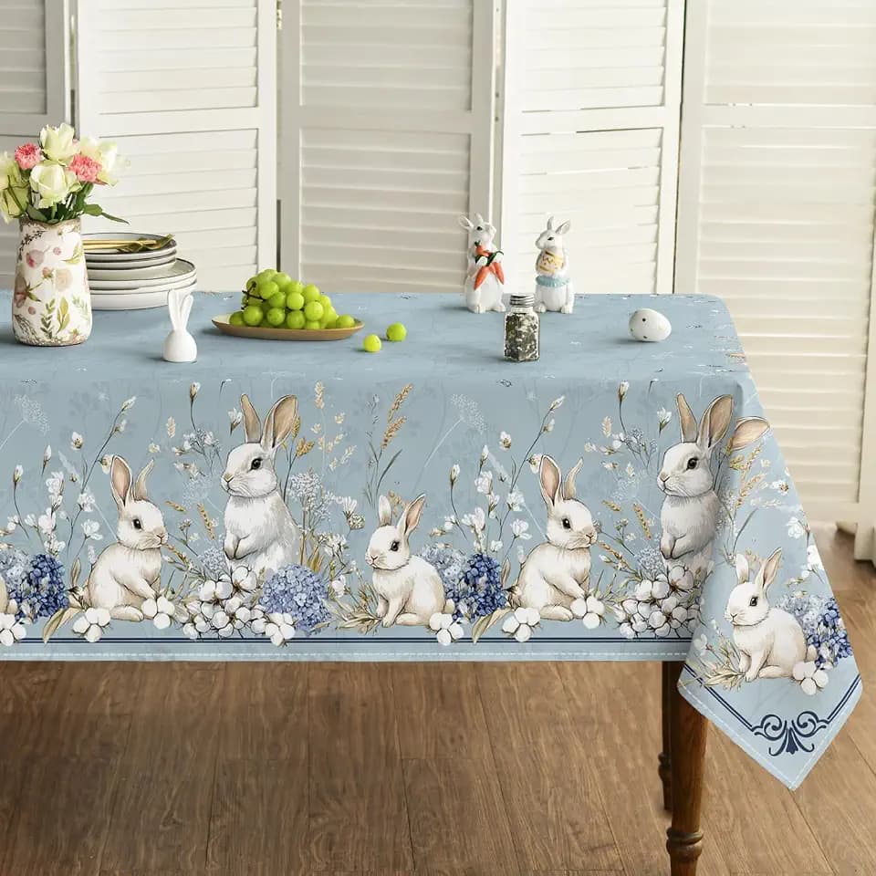 Horaldaily Easter Tablecloth 60 x 104 Inch Rectangular Blue Easter Bunny