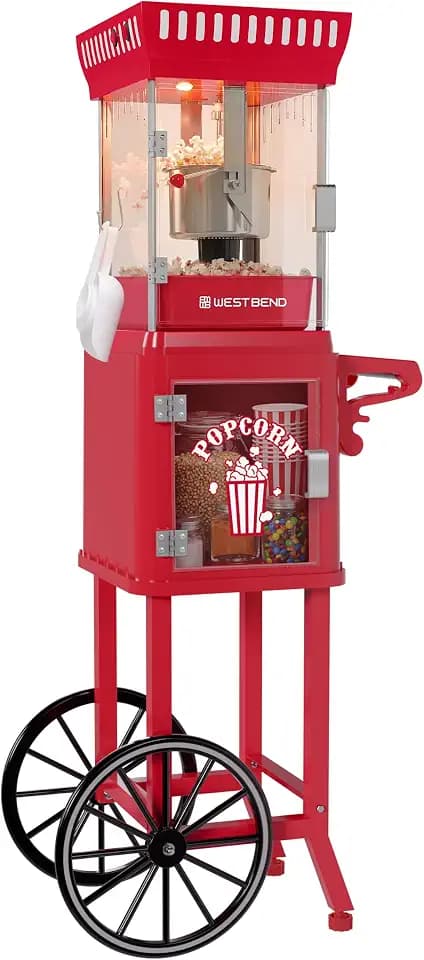 West Bend Popcorn Cart Vintage Theater Style with 2.5 oz Stainless Steel Kettle, Removable Serving Tray, Built-In Storage, Portable Design, 10 Cup Capacity, in Red/Silver