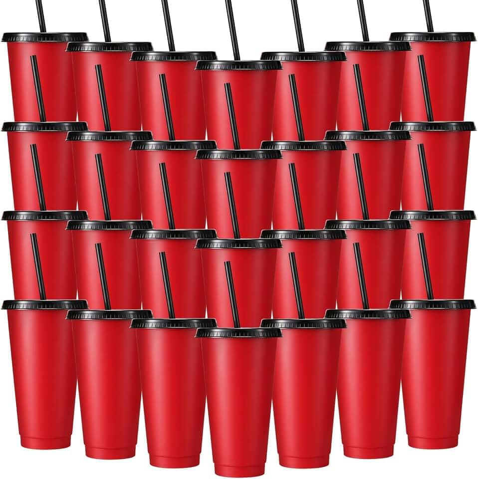 Honeydak 30 Pack Plastic Cups with Lids Straws,Red and Black