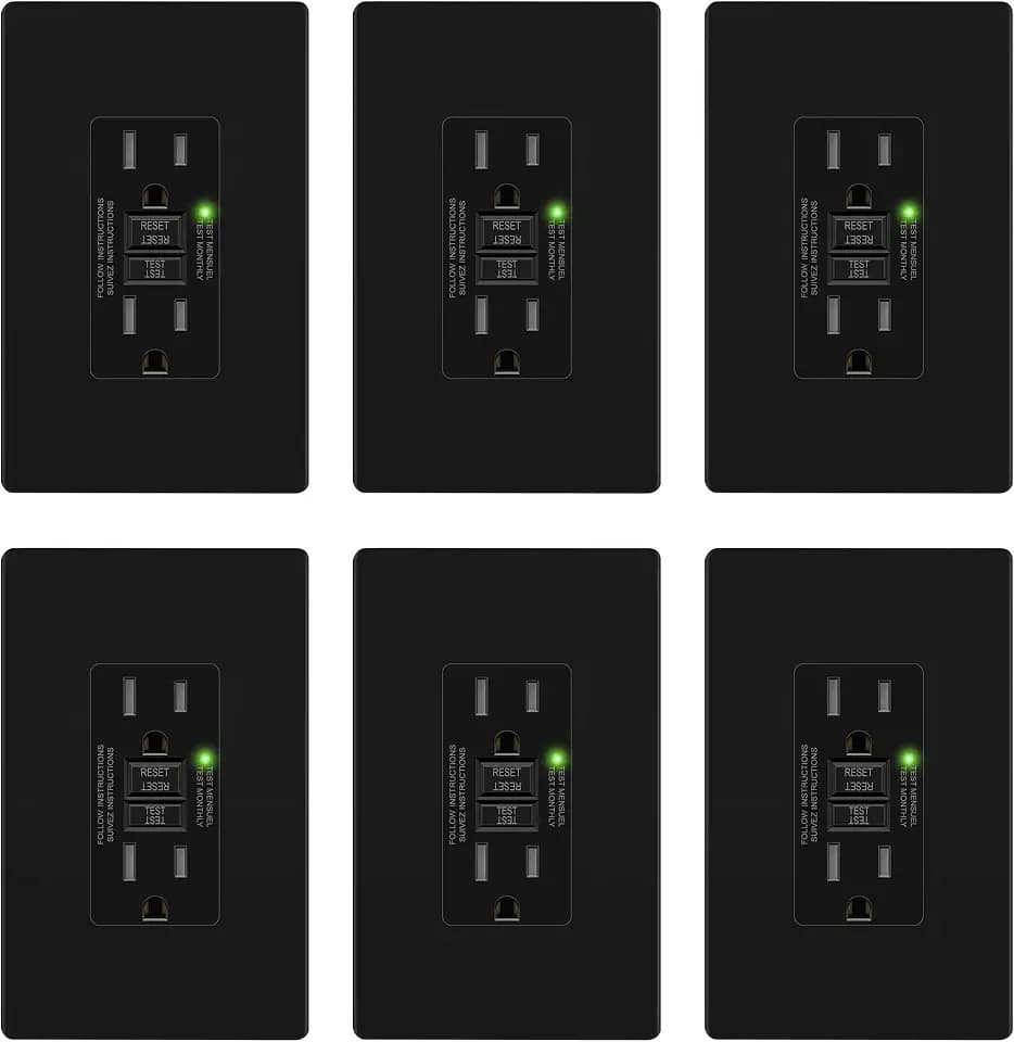 LIDER GFCI Outlet 15Amp, GFCI Receptacle, ETL Listed, Matte Black, 6-Pack