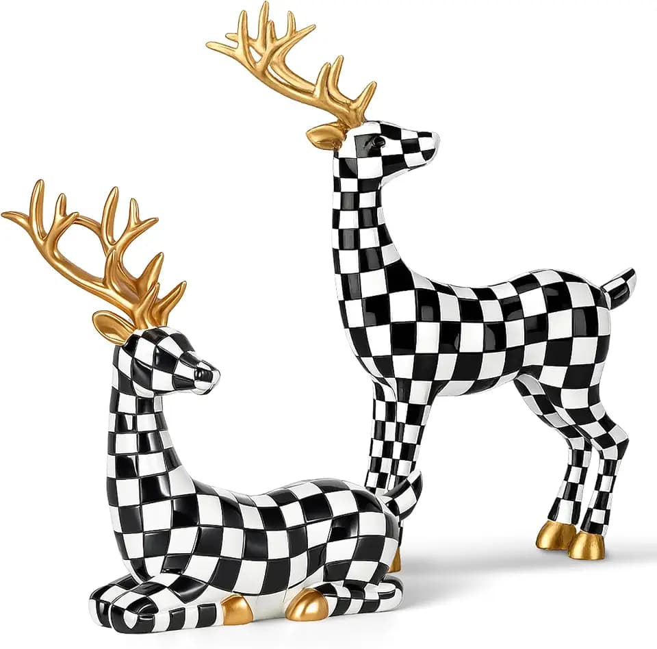 Yookeer 2 Pcs Small Black and White Grid Deer Figurines Xmas Reindeer Decor