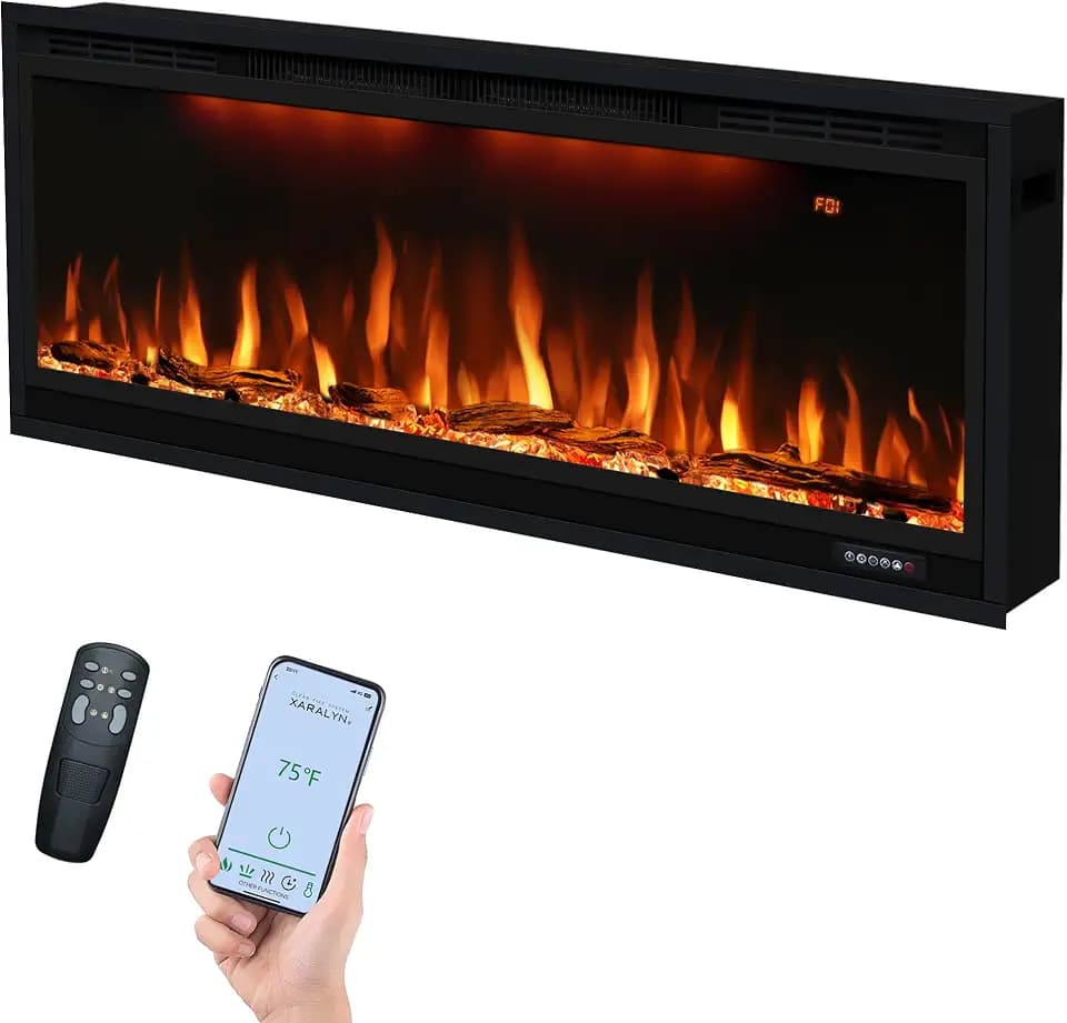 42 inch Smart Electric Fireplace WiFi-Enabled, Recessed &Wall Mounted Fireplace Inserts, Multicolor Flame w/Realistic Log &Crystals, Thermostat& Overheating Protection,Timer, 750W/1500W, Black
