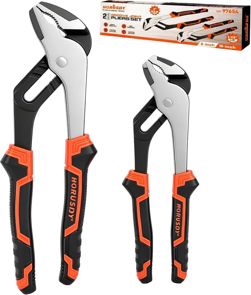 HORUSDY 2-Piece Groove Joint Plier Set, 8" & 10" Adjustable Water Pump Pliers, Straight Jaw Tongue and Groove Pliers for Plumbing, Pipe Fittings, Nuts, Bolts, and Home Repair