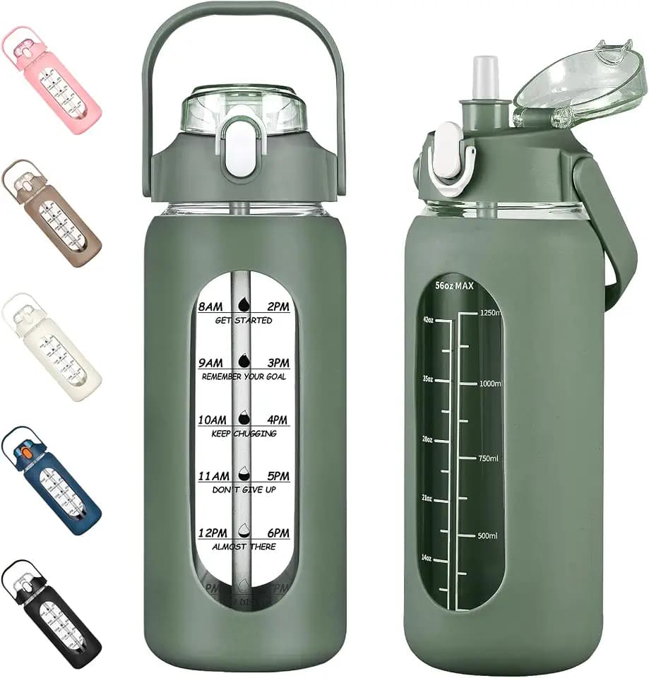 56oz Glass Water Bottles with Straw, Motivational Glass Bottle with Silicone Sleeve and Time Marker, Leakproof Large Glass Water Jug for Gym Home Office,Olive