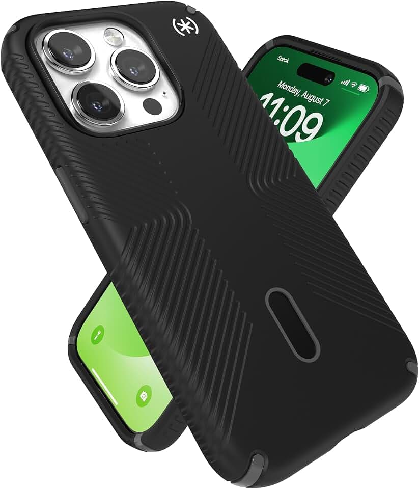 Speck MagSafe Case for iPhone 15 Pro - Drop & Camera Protection, ClickLock No-Slip, Wireless Charging Compatible, Fits All 6.1 Inch Models - Black/Slate Grey/White