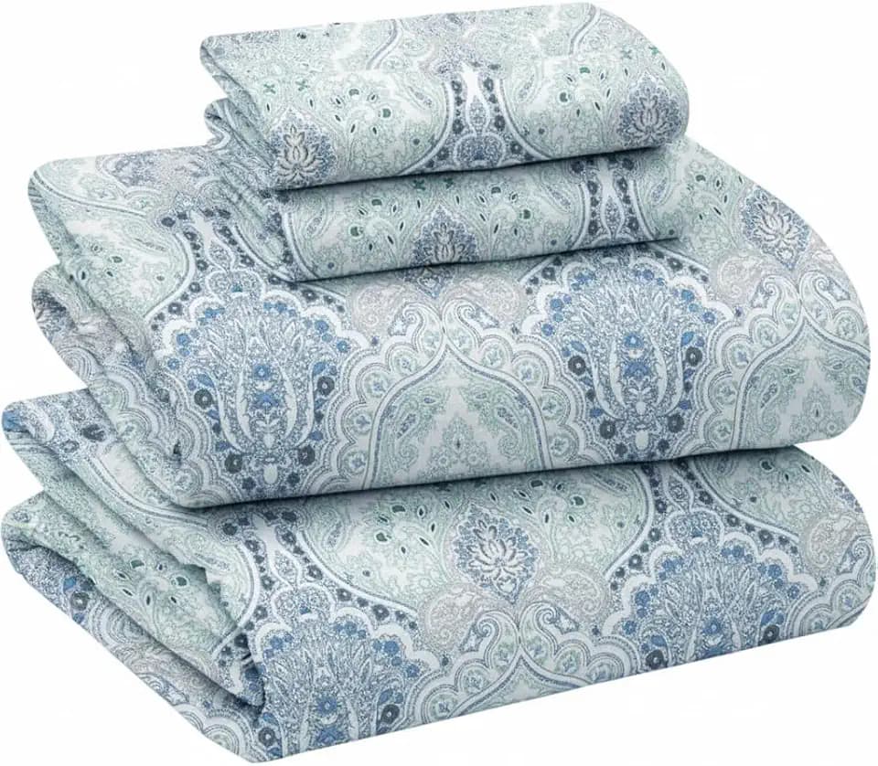 Briarwood Home Printed Flannel Sheet Set, 100% Natural Cotton, Soft, Warm & Deep Pocket, Advanced Nano-Tech Resistance to Pilling, Brushed 6 Times for Softness, Damask Navy, Queen, 4 Piece