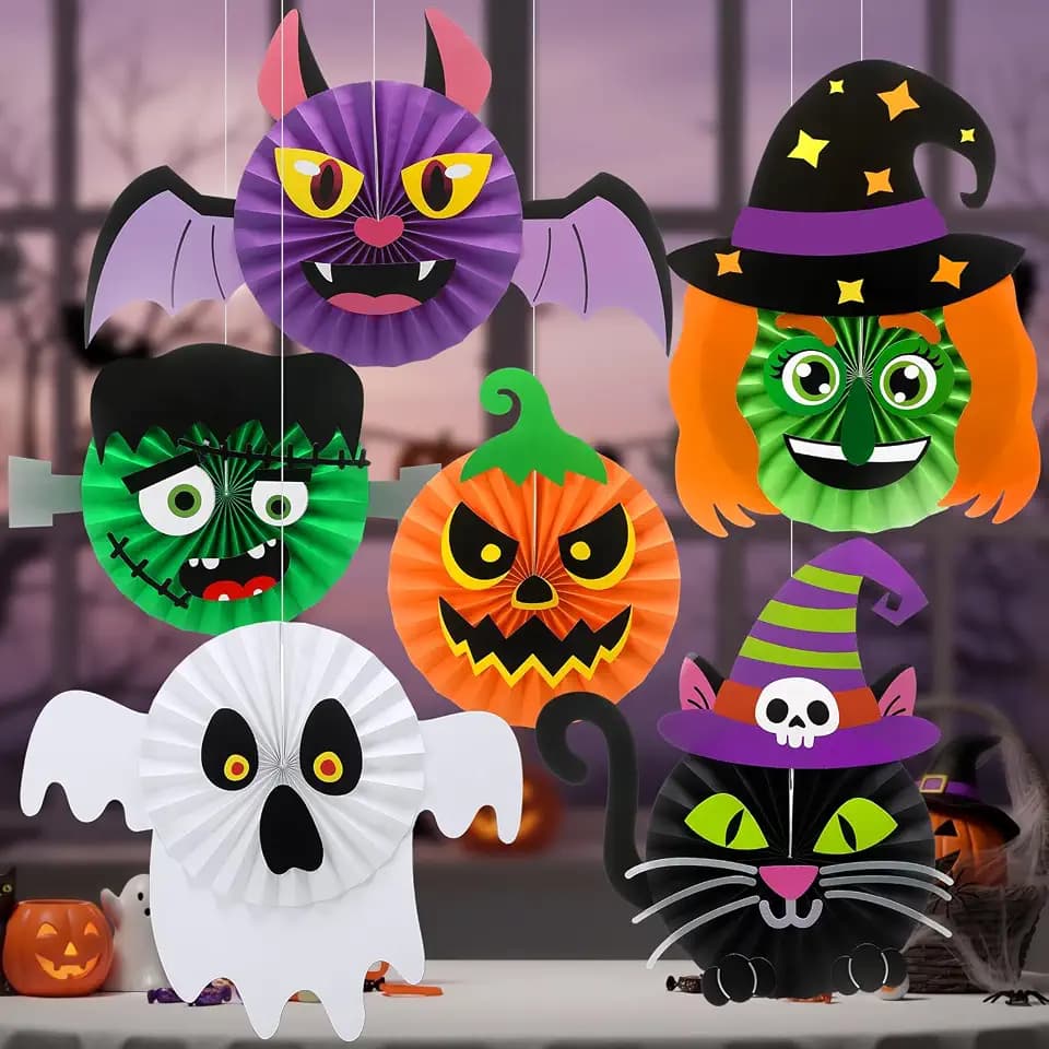 6 Pcs Halloween Party Hanging Decorations, Halloween Paper Fans Set, Spooky