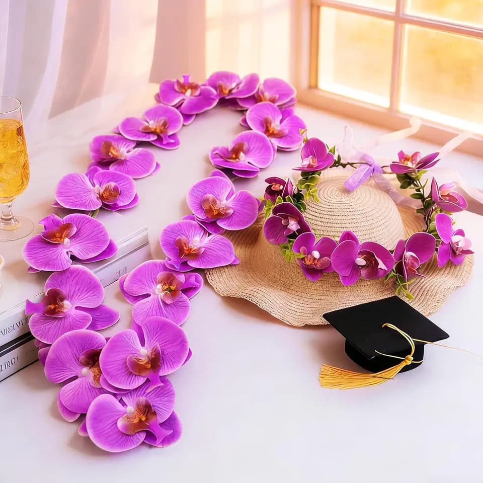 Graduation Lei 2026 2-in-1 Set, Purple 3D Foam Orchid Flower Garland Necklace with Matching Headband, Tropical Artificial Hawaiian Leis for Luau Party, Summer Beach Decor, Wedding & Hula Dance