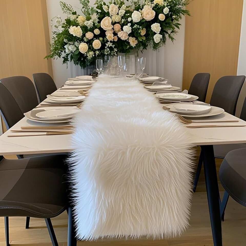 White Fur Table Runner Faux Fur Christmas Decor 12 x 60 Inch