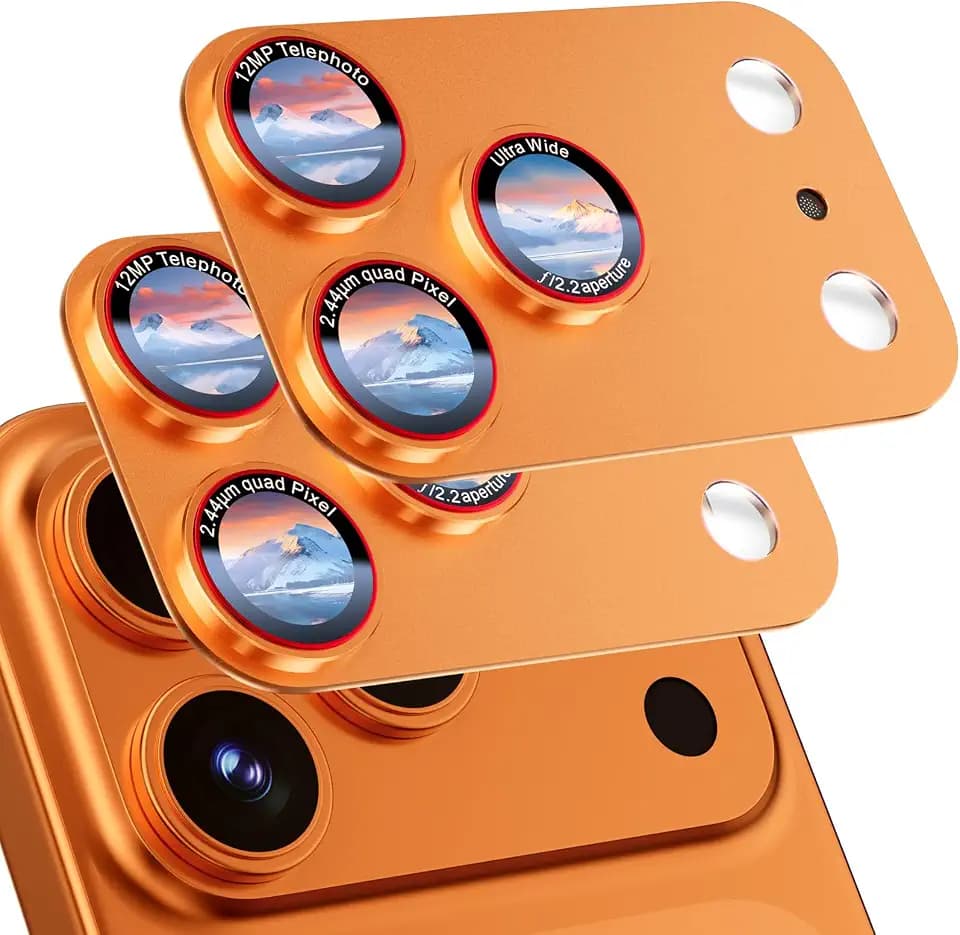 HelloDeere 9H High-alumina Tempered Glass for iPhone 17 Pro Camera Lens Protector, Military-Grade Shatterproof with Strong Adsorption, Full Coverage Case-Friendly Cover (Orange, 17 Pro - 2 Pack)