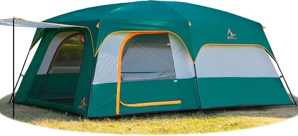 KTT Extra Large Tent 8-10-12-14 Person(A),Family Cabin Tents,2 Rooms,3 Doors and 3 Windows with Mesh,Straight Wall,Waterproof,Double Layer,Big Tent for Outdoor,Picnic,Camping,Family Gathering