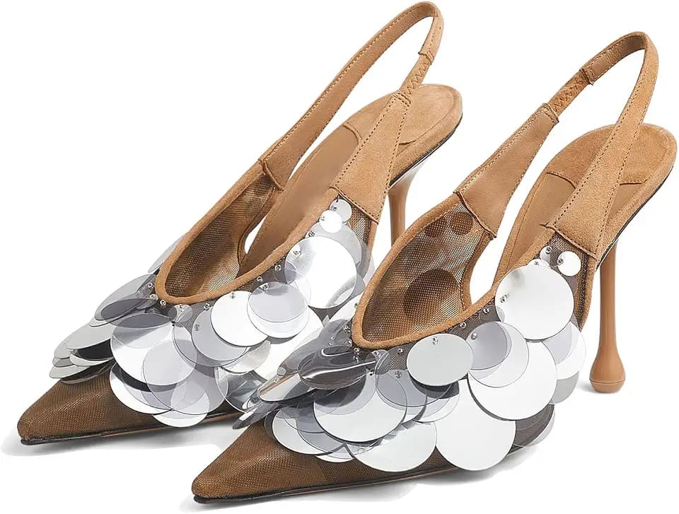 Goolita Women's Slingback Stiletto High Heels Closed Pointed Toe with Sequin Embellished Mesh Pumps Slip On Party Evening Pumps Shoes