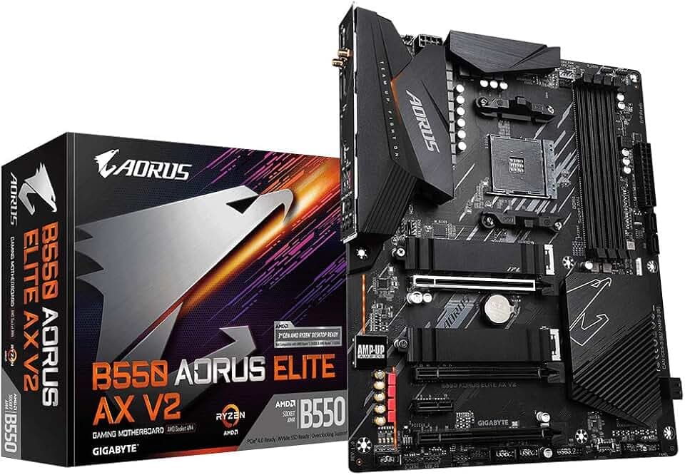 GIGABYTE B550 AORUS Elite AX V2 Mainboard – AMD Ryzen 5000 CPUs, 12+2 Phasen VRM, bis zu 4733 MHz DDR4, 1xPCIe 4.0 + 1xPCIe 3.0 M.2, Wi-Fi 6E, 2.5GbE LAN, USB 3.2 Gen 2