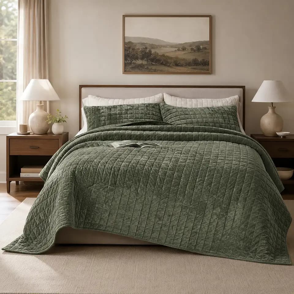 Quilt Set Oversized King Size 120x128 Luxurious Velvet Bedding Sets with 2 Pillow Shams 20x36 3 Pieces Ultra Soft Quilted Bedspread Coverlet Comforter for All Season,Army Green