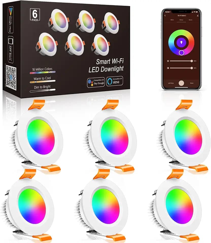 inShareplus 2 Inch Smart LED Recessed Lighting, 5W WiFi RGB Downlight, CCT 2700K-6500K Dimmable Color Changing Ceiling Light with LED Driver, Compatible with Alexa and Google Home, 120V, 6 Pack