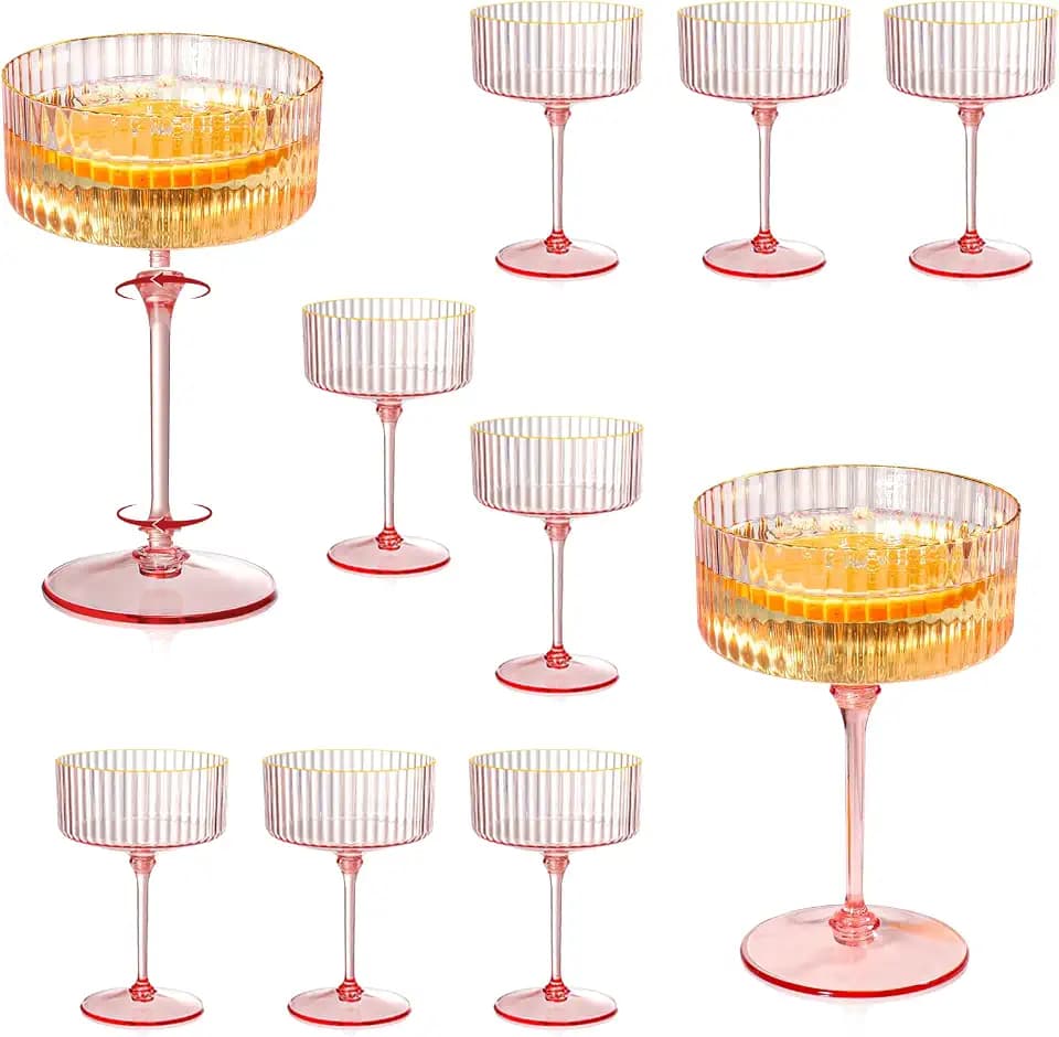 XUWAIDSGN 12 Pcs Champagne Martini Glasses 9 Oz with Gilded Removable Gold Rim Coupe Glasses Pink Martini Glasses Plastic Mimosa Vintage Coupe Glasses Set For Wedding Anniversary (12, Ribbed Pink)