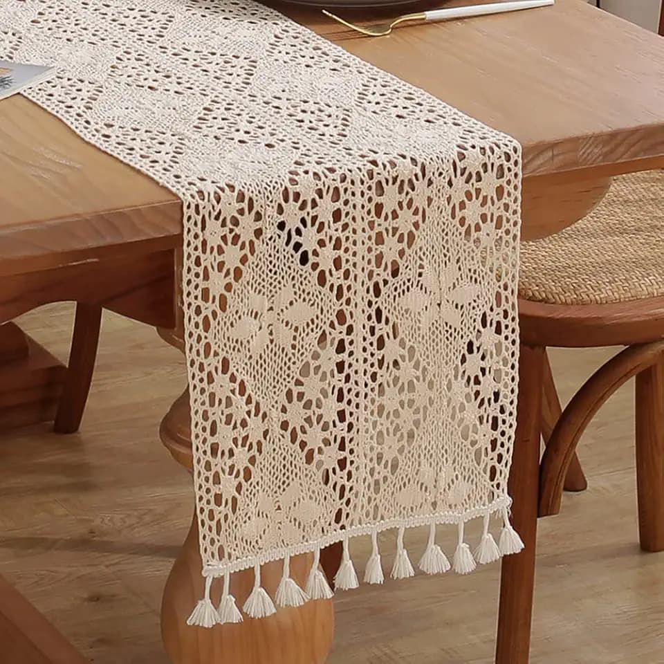 meioro Crochet Lace Table Runner, 12x108 Inch Boho Cotton Table Runners with Tassels, Rustic Farmhouse Table Decoration 108 Inches Long, Mesh Woven Table Decor for Wedding Bridal Shower Party