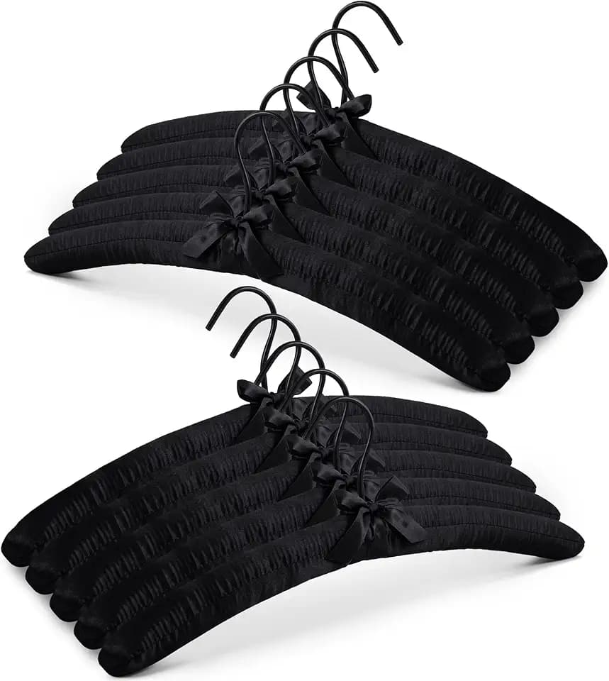 JS Hanger Padded Hanger for Sweaters - 17 Inch Extra Large Heavy Duty Satin Covered Coat Hangers No Shoulder Bump for Women Clothes, Sweaters, Dresses, Clothing, Weddings, Lingerie Pack of 10, Black