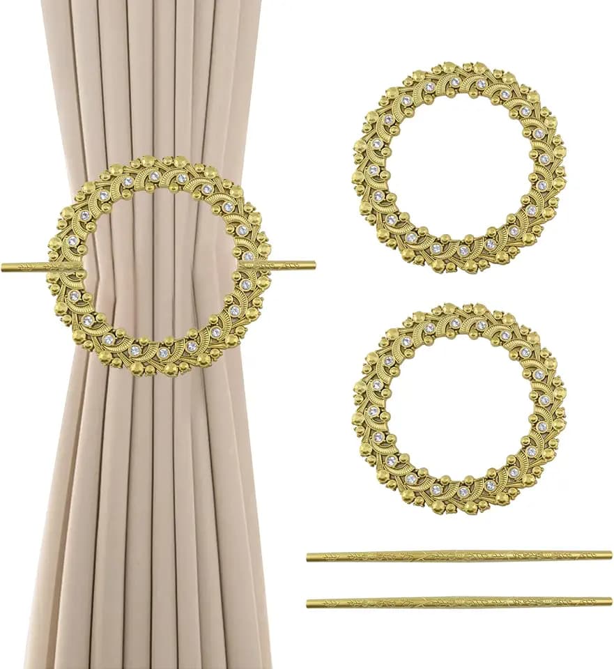 2 Pack Gold Curtain Tiebacks, Round Drapery Holdbacks, 20 Crystals