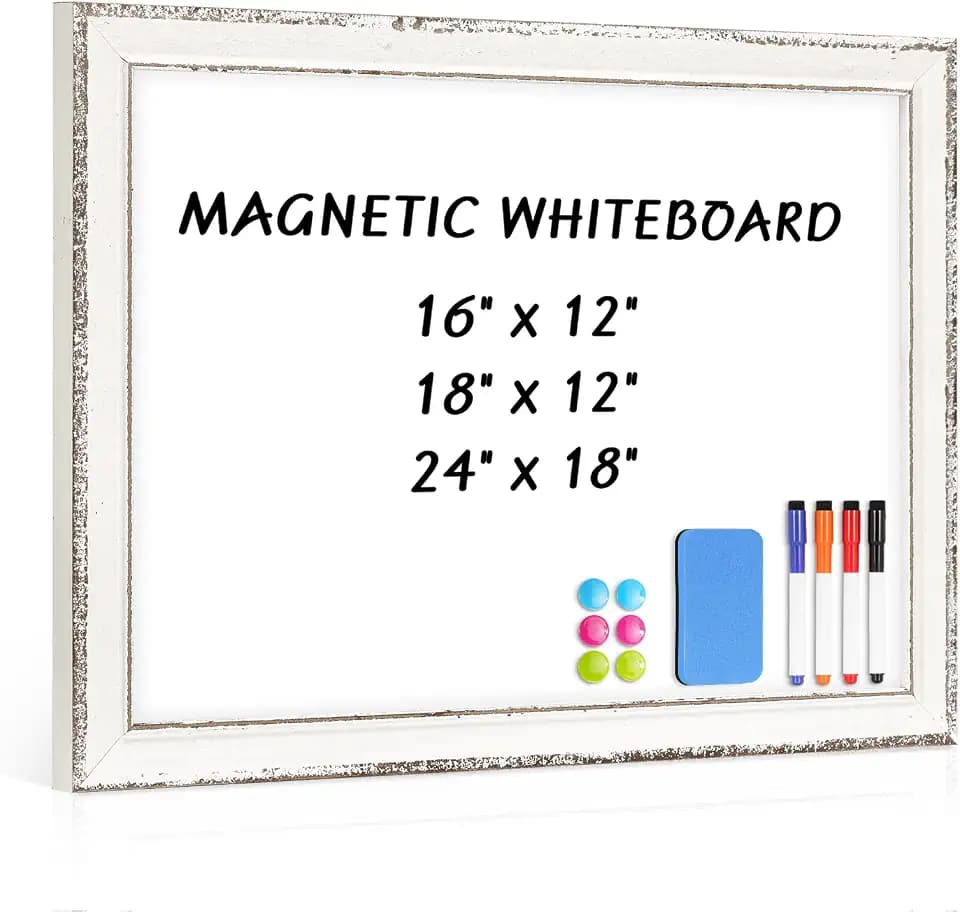 Magnetic White Board for Wall, 16" x 12", Rustic Whitewashed Wooden Frame