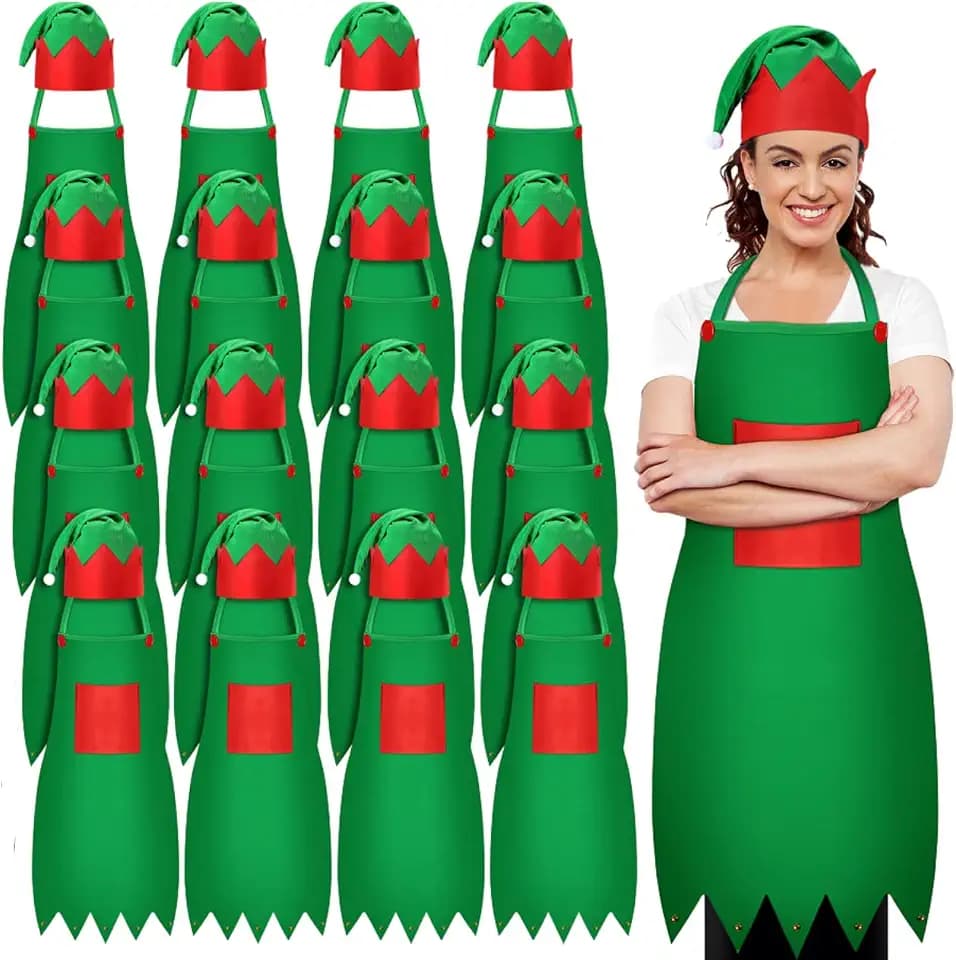 Handepo 16 Set Christmas Elf Apron Kit Christmas Aprons and Hat Elf Costume Santa Hat Funny Chef Apron for Xmas Party