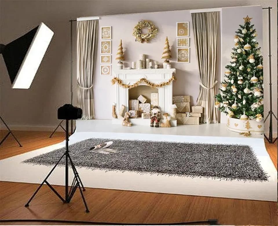 YongFoto 3x2m Vinyl Foto Hintergrund Weihnachten Baum Geschenke Kamin Garland Socks Curtain Interior Fotografie Hintergrund für Fotoshooting Portraitfotos Party Kinder Hochzeit Fotostudio Requisiten