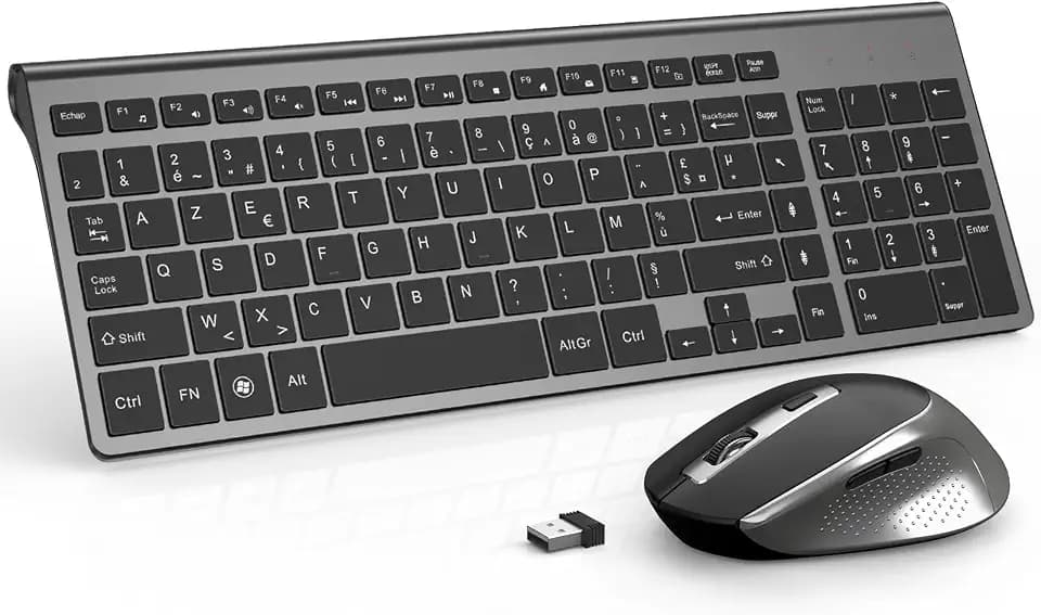 JOYACCESS kabellose Tastatur, 2,4 GHz, AZERTY-Tastatur, kompakt, tragbar, normale Größe, kabellos, ergonomisch, leise, 2400 dpi, für PC, Laptop, Computer, Smart TV-Grey und Schwarz