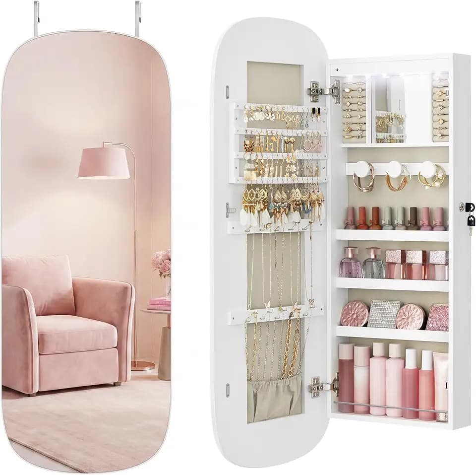 SONGMICS HOME Jewelry Armoire, Mirror Jewelry Cabinet, Full Length Mirror with Storage, Wall or Over The Door Jewelry Organizer Cabinet, Built-in LED, Lockable Armoire, White