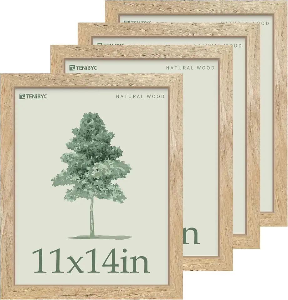 11x14 Picture Frame, Natural Wood, 4 Pack, Glass, Fit Photos