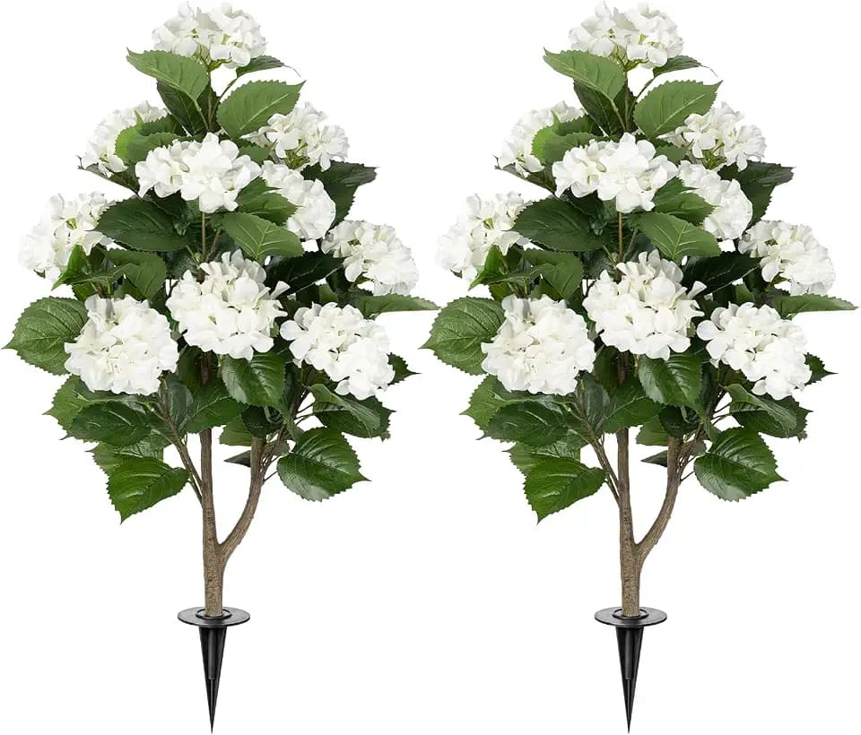 2 Pack 3FT Fake Hydrangea Trees for Outdoors with Ground Spikes, White Artificial Hydrangea Flowers Topiary Trees, Realistic Faux Outdoor Plants for Front Porch, Patio, Garden, Entryway Decor