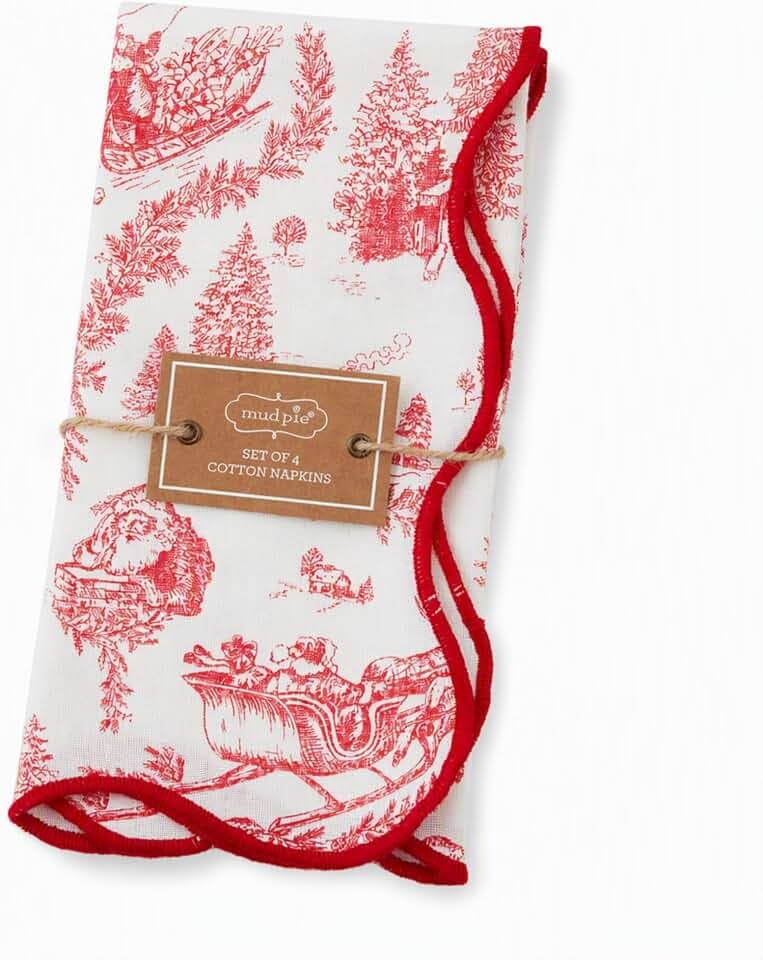 Mud Pie Toile Cotton Napkins with Scallop Velvet Trim, Set of 4, 18 x 18