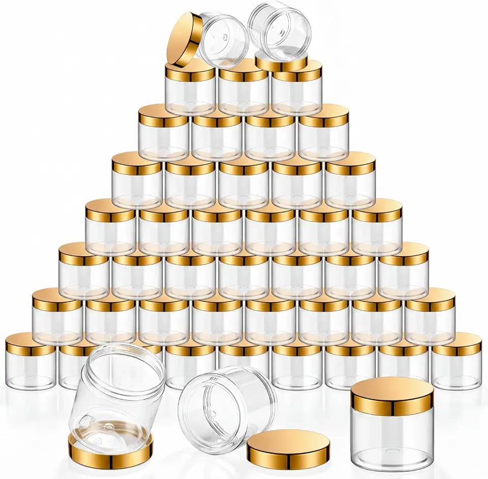 Patelai 48 Pack 2 oz Clear Plastic Jars with Gold Lids Empty Containers Round Clear Plastic Jars Wide-mouth Refillable Storage Organizers for Cosmetics Lotions Butters Slime Making and Food Storage