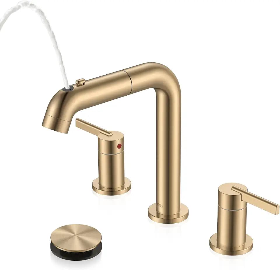 KENES Champagne Bronze Pull Down Widespread Bathroom Faucet 3 Hole 2 Handle