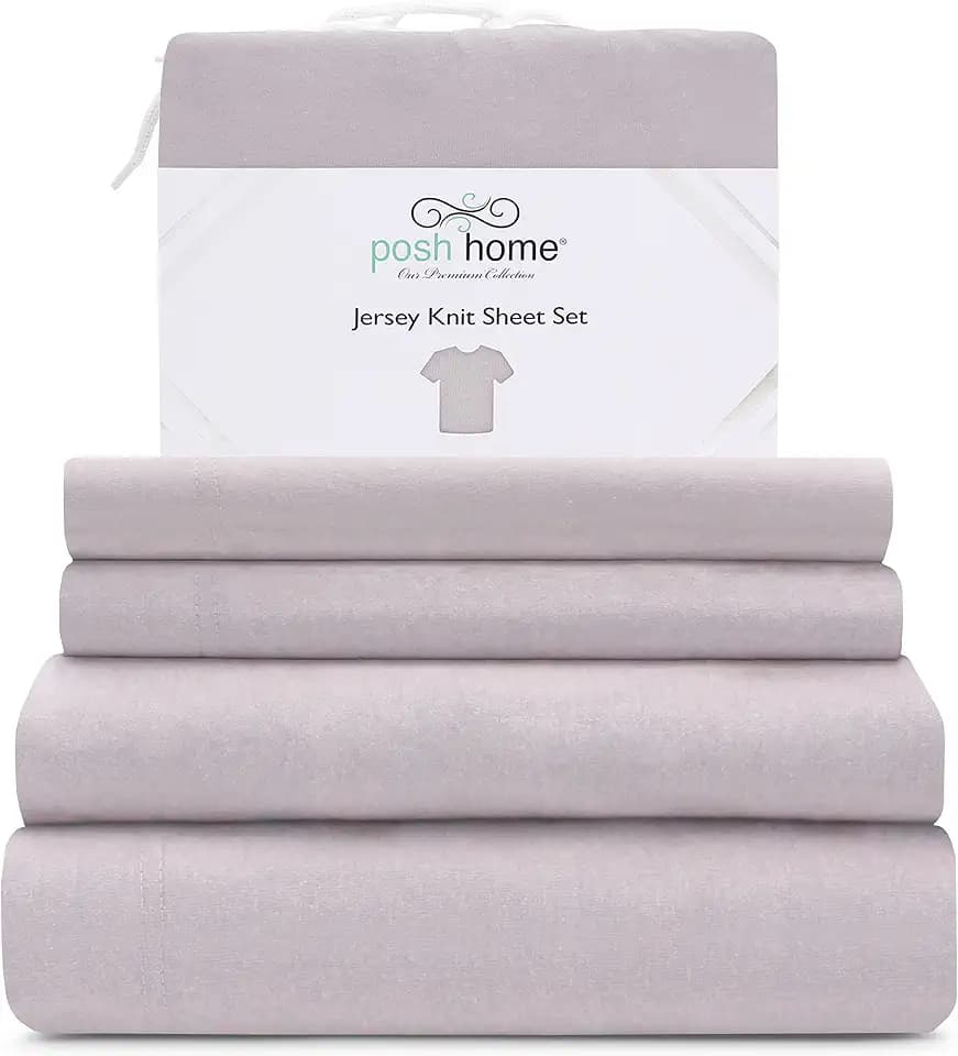 Posh Home Twin Size Jersey Knit Sheet Set, 3-Piece - Soft & Breathable All-Season Cotton Blend with Deep Pockets - Flat Sheet, Fitted Sheet & 1 Pillowcase - Lilac Haze